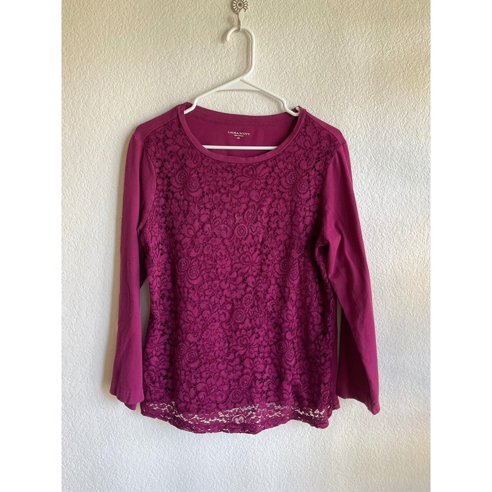 Laura Scott Magenta Purple Floral Lace Front Long Sleeve Top XL